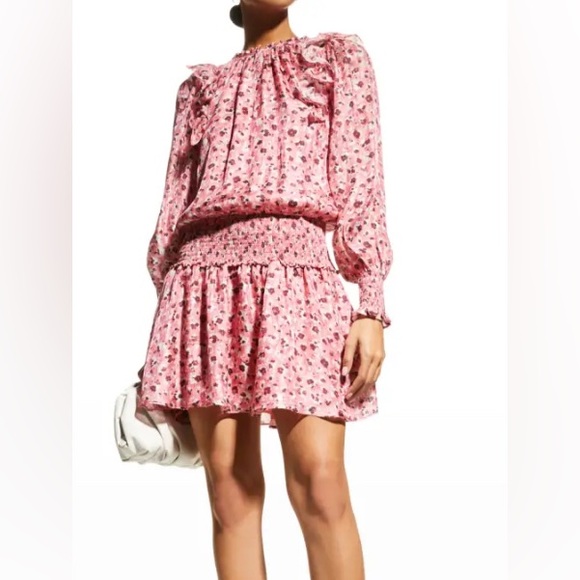 Ramy Brook Dresses & Skirts - Ramy Brook Pink Floral Long-Sleeve Smocked Waist Mini Dress